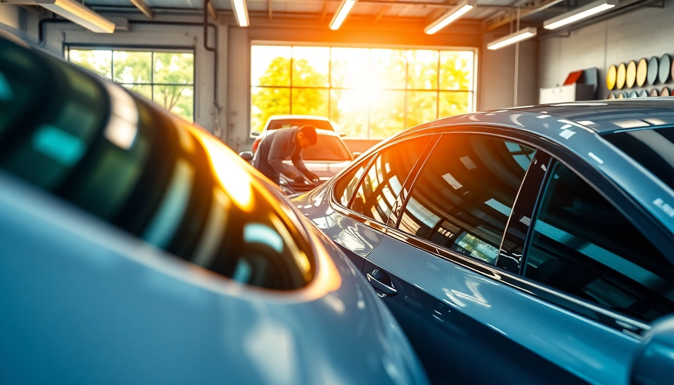 Apply the best window tint Chattanooga TN for sleek vehicles showcased in a modern workshop.