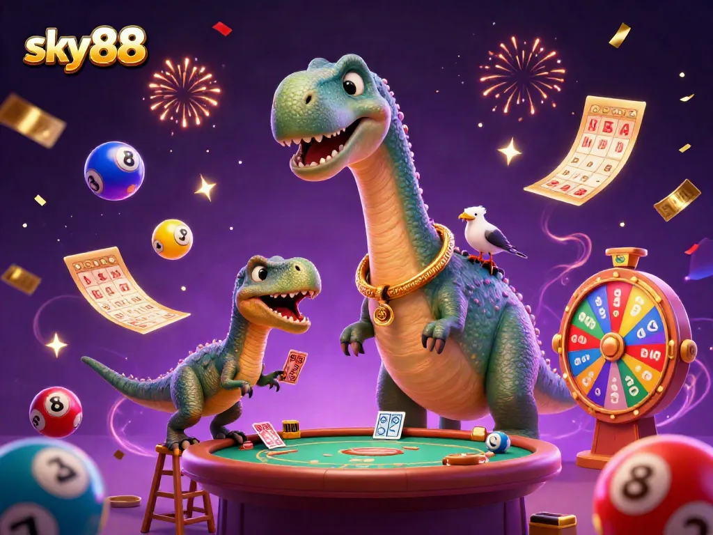 Engage in thrilling gameplay with the sky88 casino experience featuring vibrant game elements and cartoon dinosaurs.