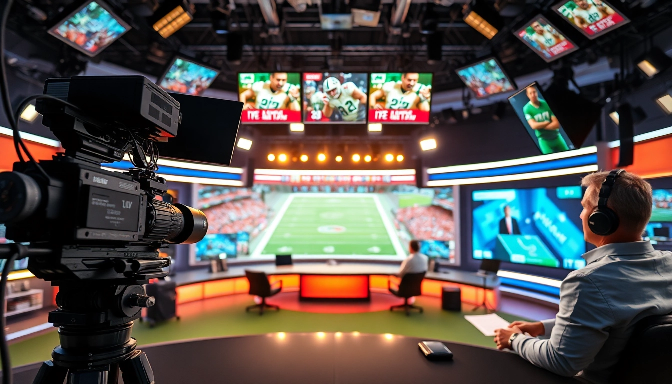 Engaging scene of sports broadcasting with anchors and high-tech equipment.