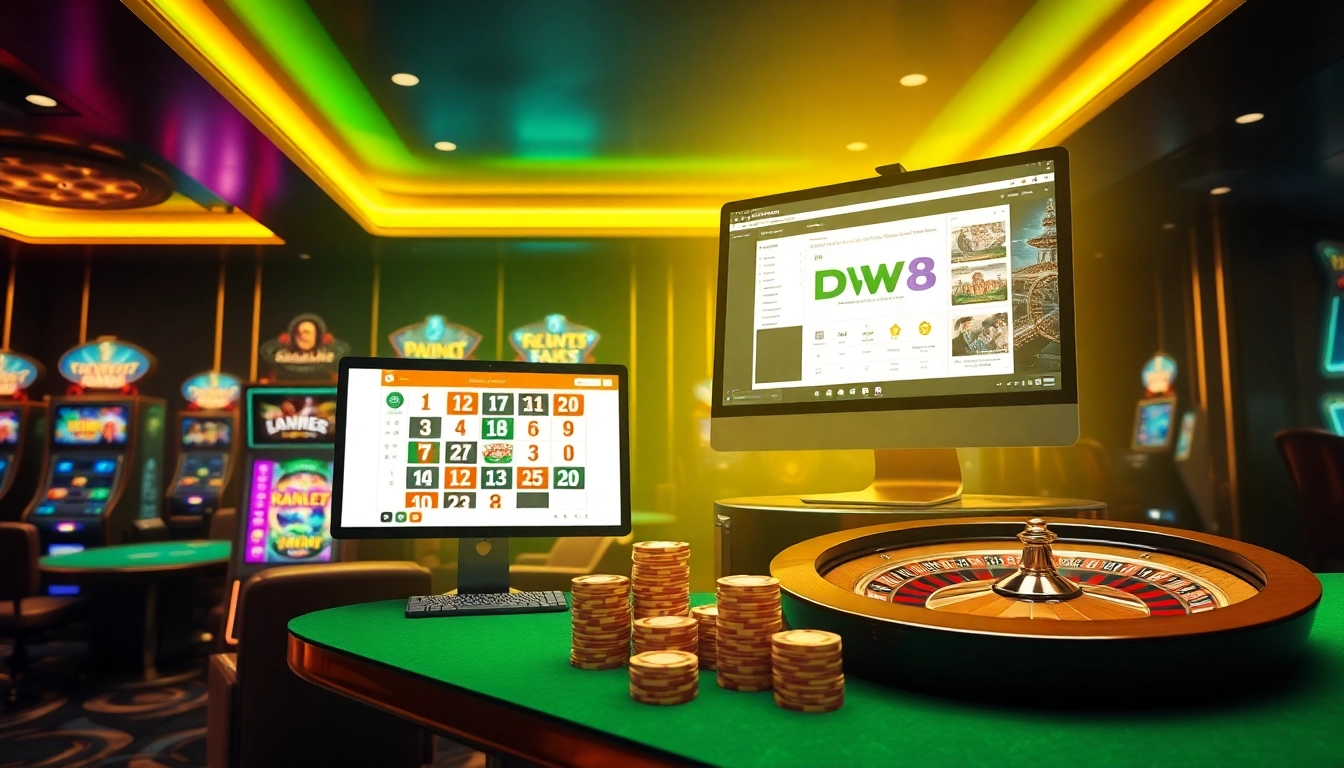 Experience the excitement of gambling on DW8 with vibrant casino visuals and interactive games.