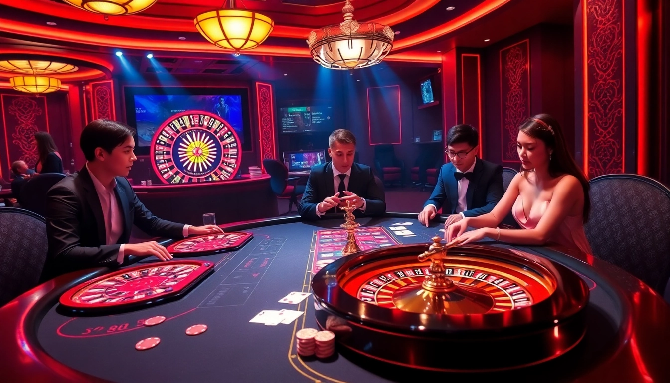 Engaging players at a luxurious vn 88 casino table with colorful roulette wheels and poker chips.