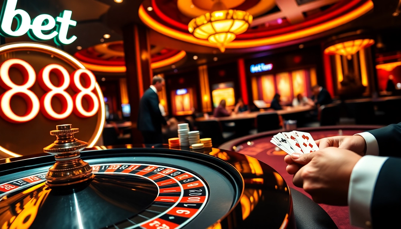 Experience the thrill of betting with bet 88 at a vibrant casino table full of poker chips.