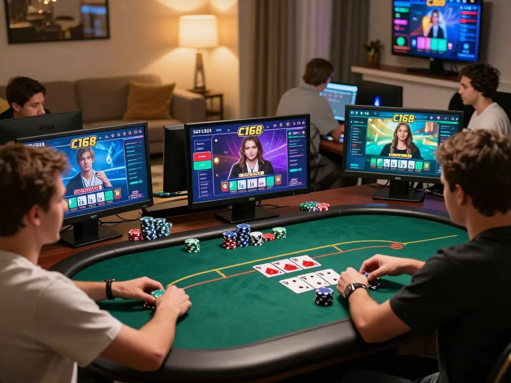 C168 online gaming session with players engaged at vibrant virtual poker table, showcasing exciting casino atmosphere.