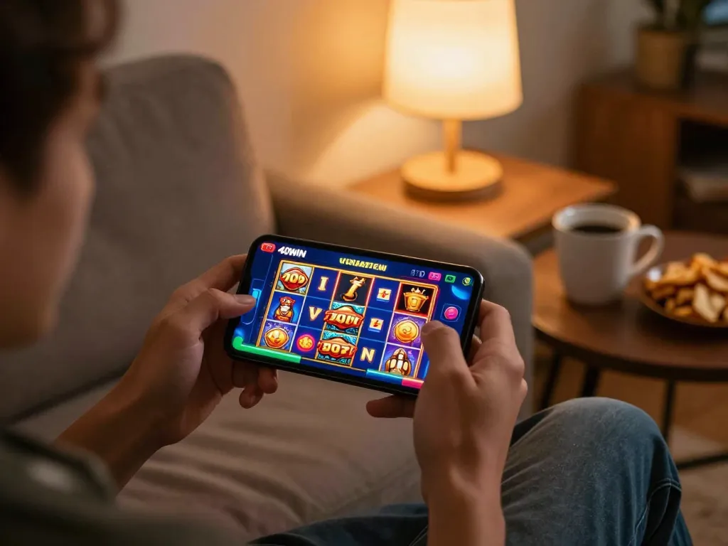 Engaging gameplay on the 40WIN casino app showcasing winning slots in a cozy home setting.