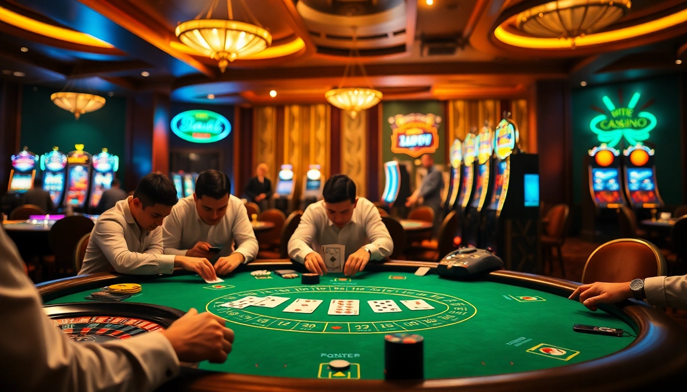 Players enjoying games at 98win8v.com, featuring blackjack and poker tables in a luxurious casino setting.
