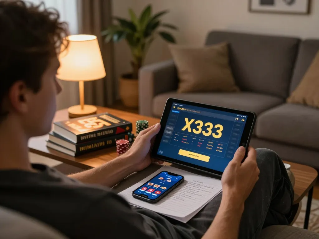Engaging scene of a user playing on x333 online gambling app in a cozy home environment.
