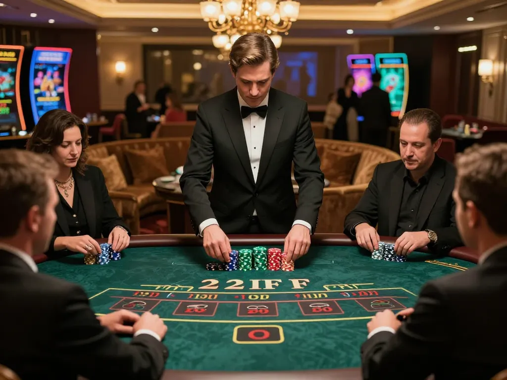 Engaging live blackjack gameplay at 22ff with players, dealers, and strategic betting.