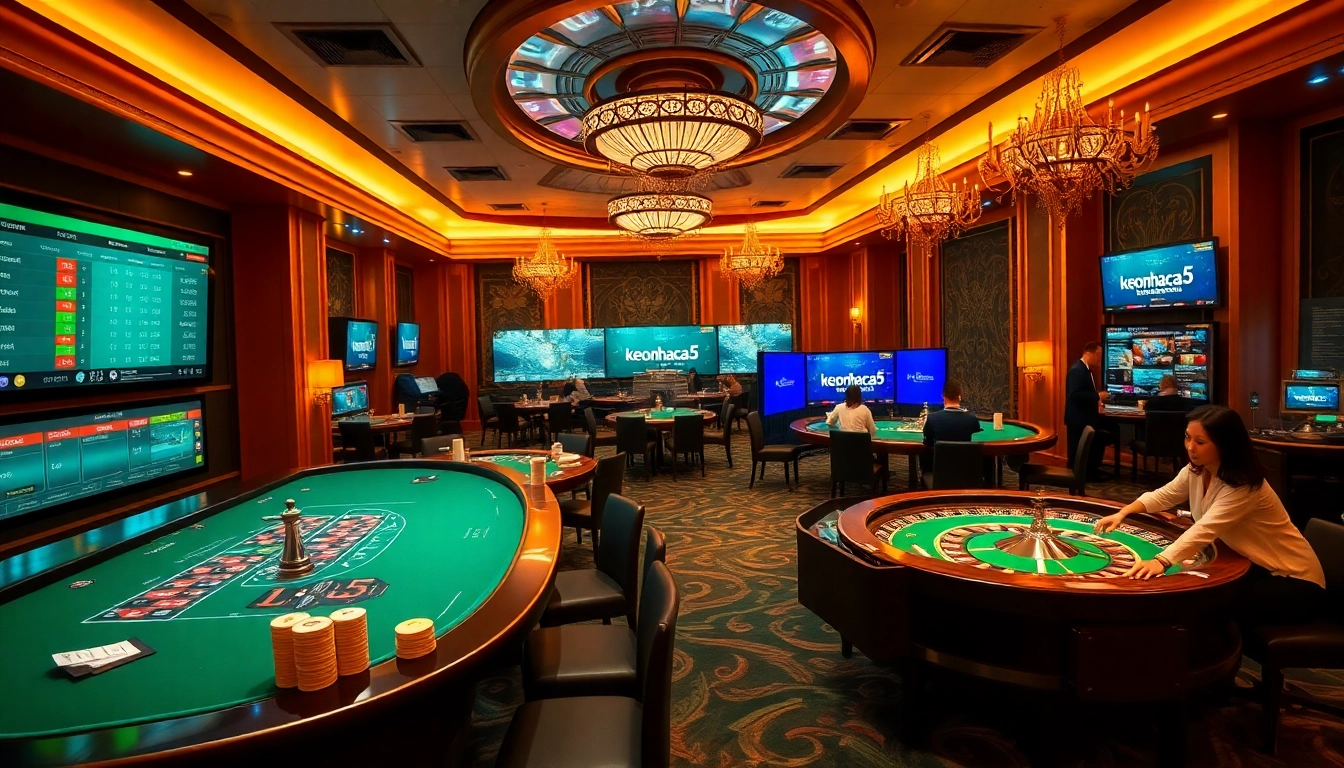Players engaging in thrilling sports betting at a luxurious casino featuring keonhacai 5 interfaces.