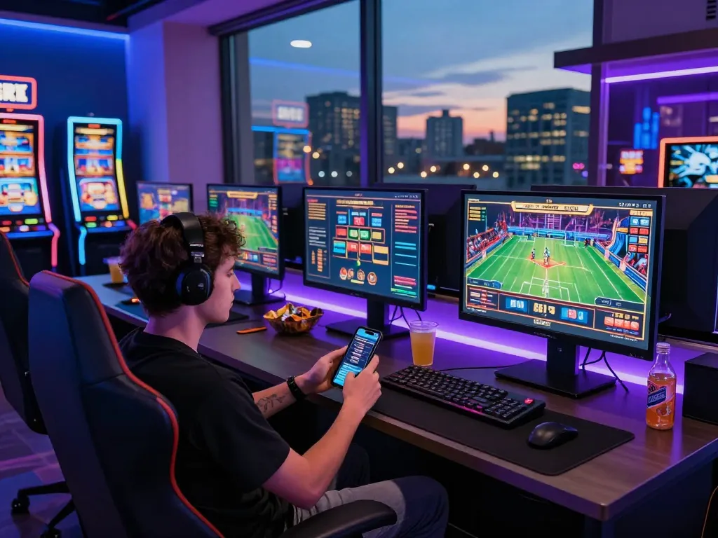 Player engaging with the 27G online casino app in a vibrant gaming setup with multiple screens