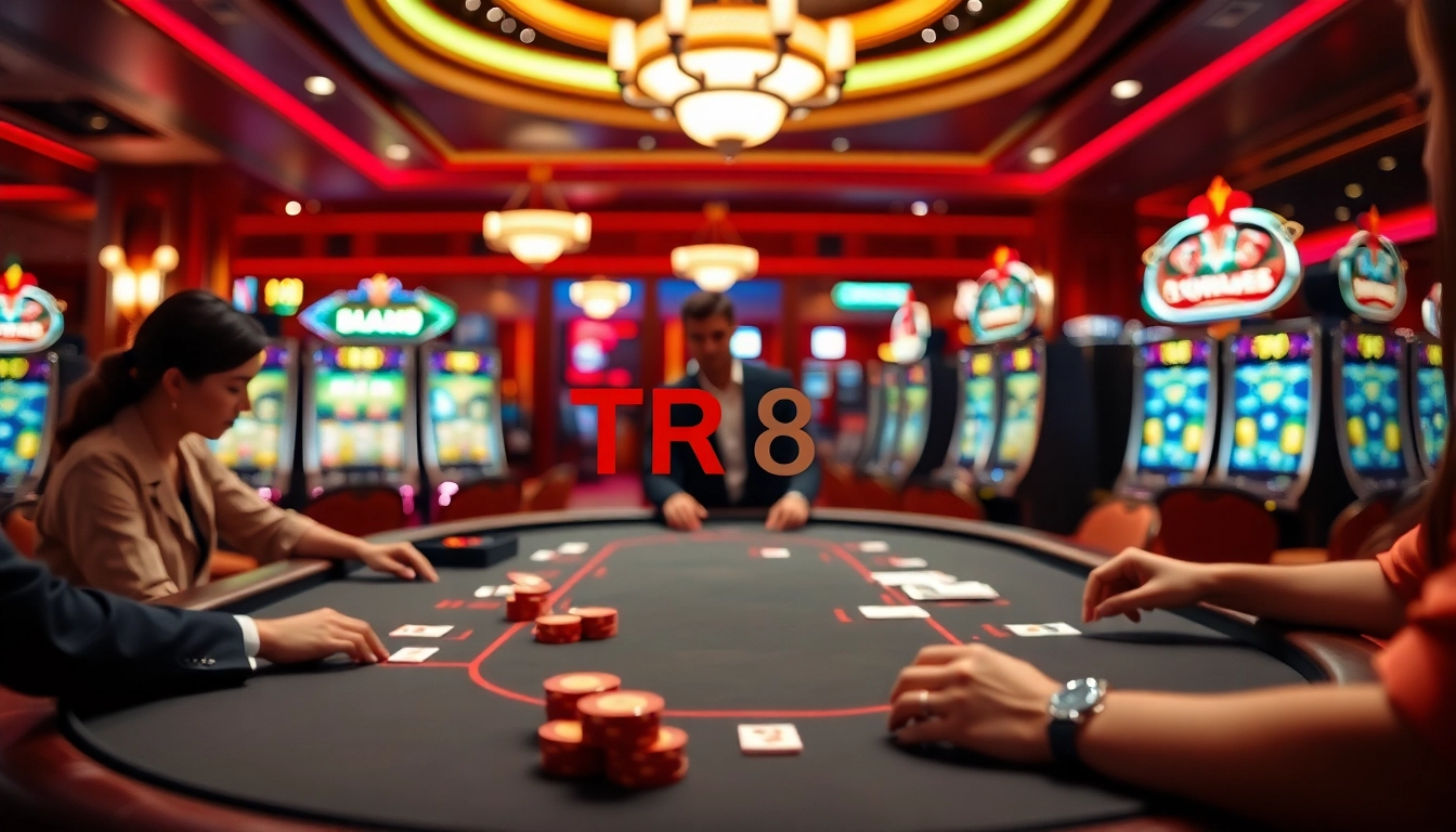 Engaging players at a TR88 casino table, surrounded by vibrant slot machines and excitement.