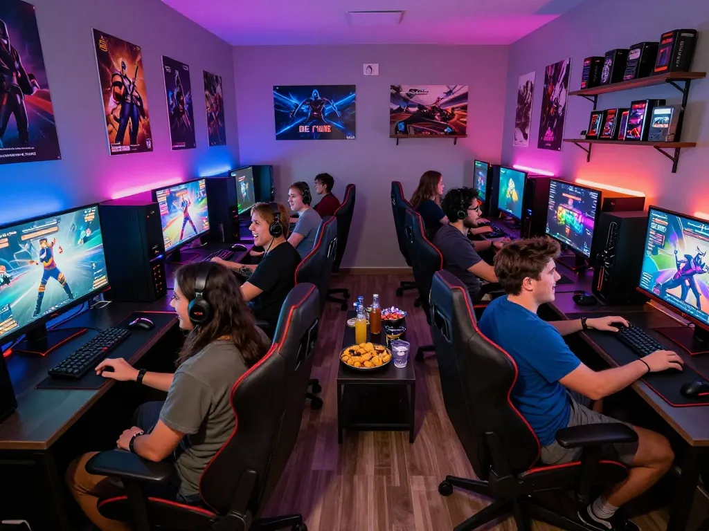 Friends enjoying free porn games in a vibrant gaming lounge with LED lights.