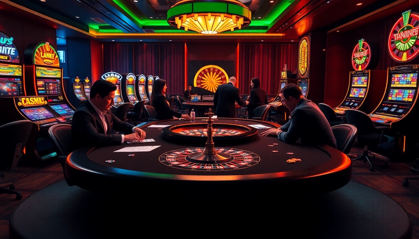 L567 casino scene with professional poker players, vibrant slot machines, and an exciting roulette wheel.