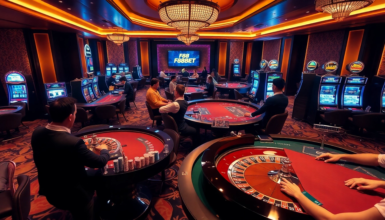 Engaging gambling scene featuring F88BET logo, with players at roulette, poker, and slot machines.