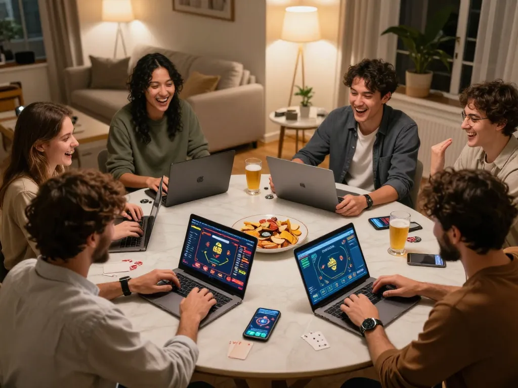 Friends enjoying an engaging online poker game on nk88 with laptops and snacks