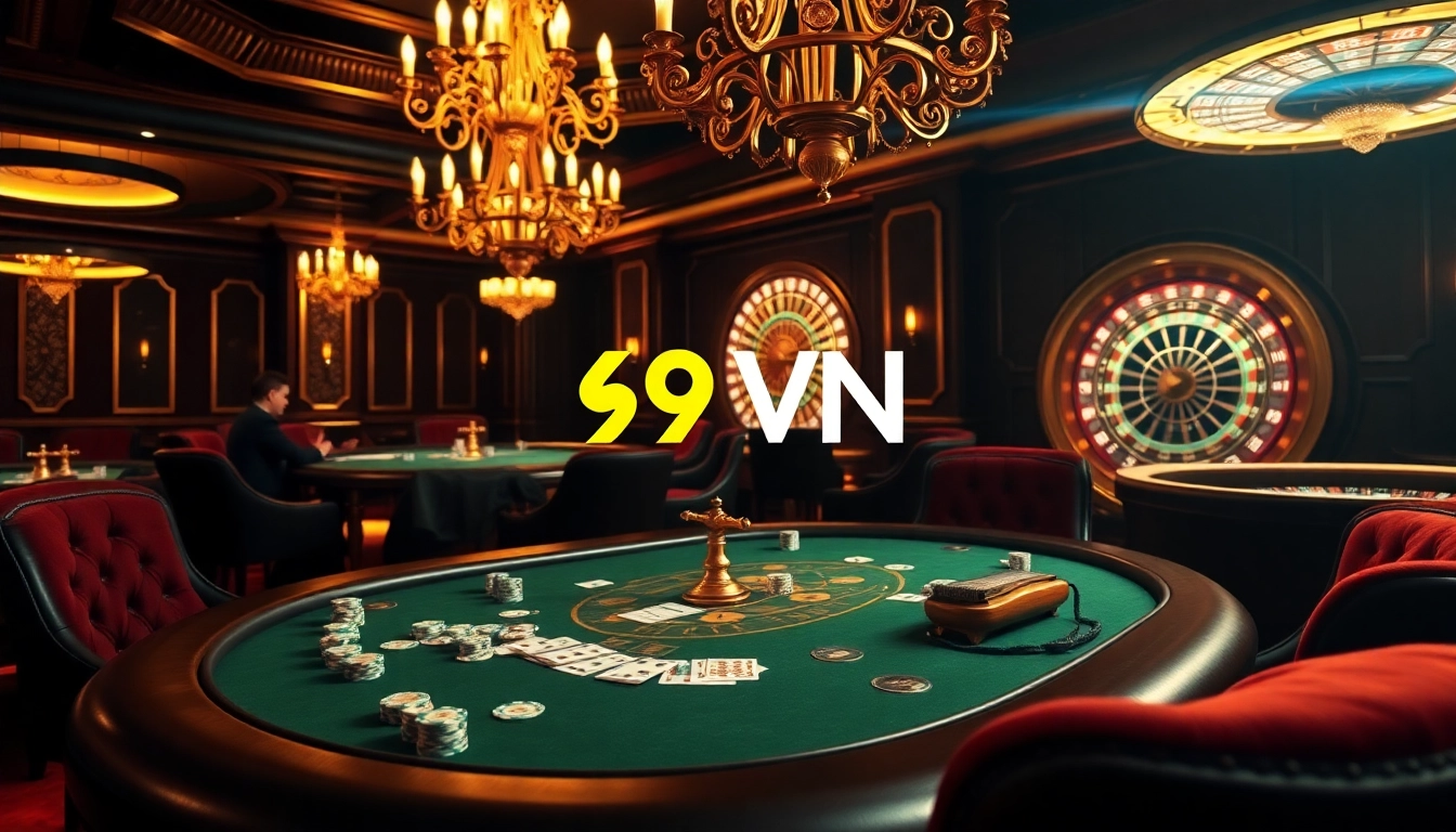 A thrilling poker game at 69 VN casino showcasing vibrant chips and elegant decor.