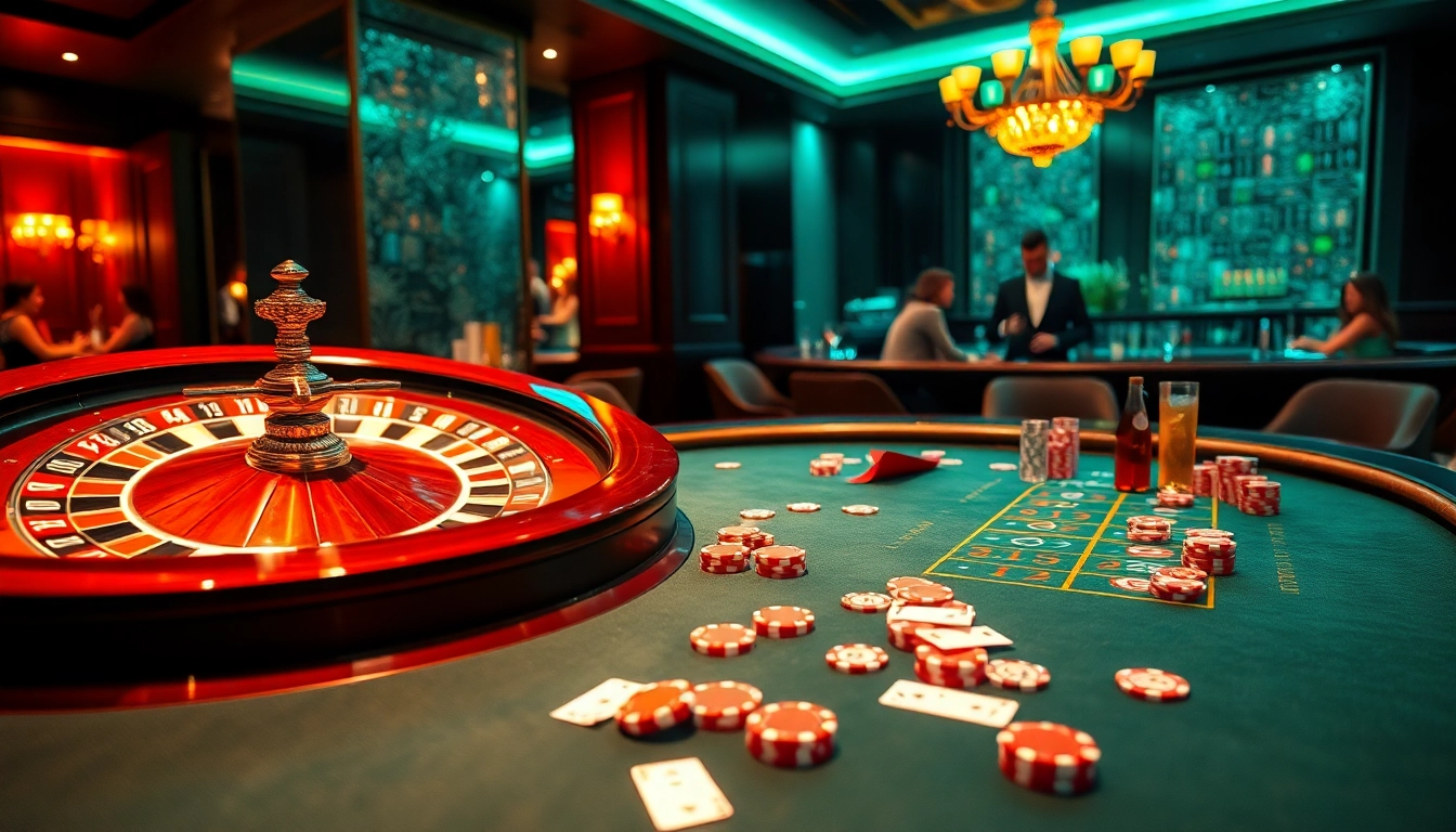 I9 BET players enjoy a high-stakes game at an elegant casino table, surrounded by vibrant betting chips.