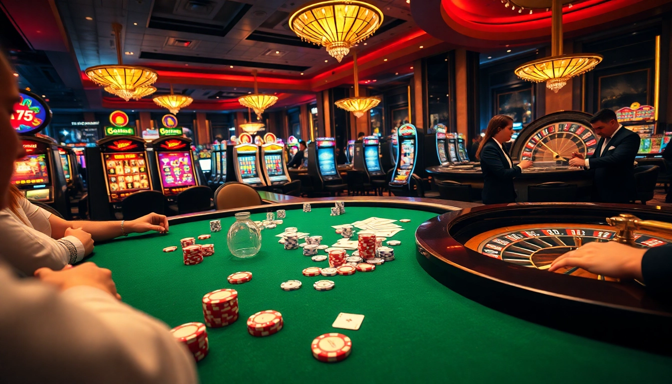 Exciting casino scene showcasing kqbd, featuring a poker table, vibrant chips, and a roulette wheel.