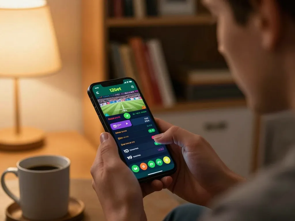 Jogador usando o aplicativo de apostas 12bet no smartphone, mostrando um momento focado em apostas esportivas.