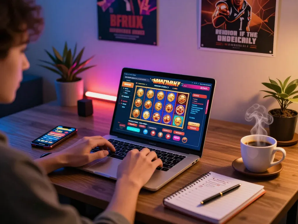 Engaging player exploring fun79 online casino games on a stylish gaming laptop, showcasing vibrant interface.