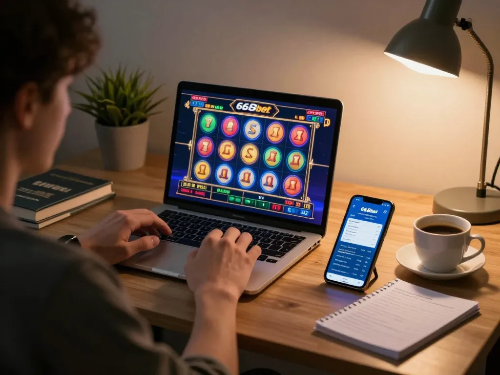 Jogador desfrutando das máquinas caça-níqueis da 668bet em uma mesa estilosa em casa, aprimorando sua experiência de jogo com uma configuração estratégica.