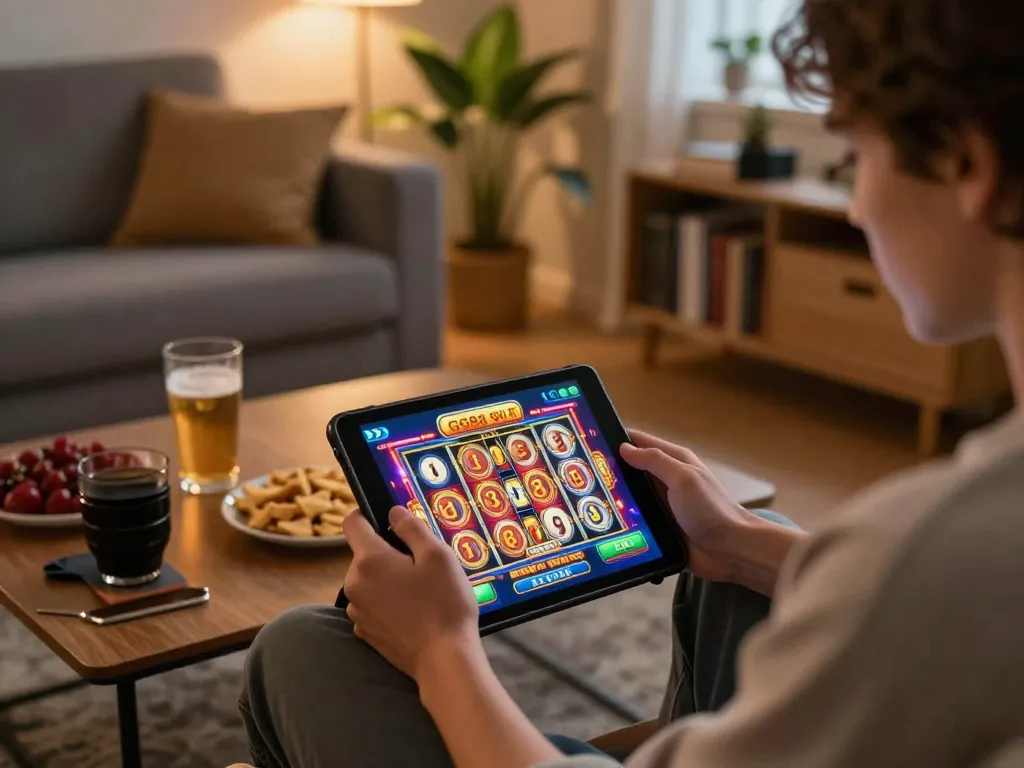 Player spinning GG88 SLOT reels on tablet, enjoying a comfortable gaming atmosphere at home.