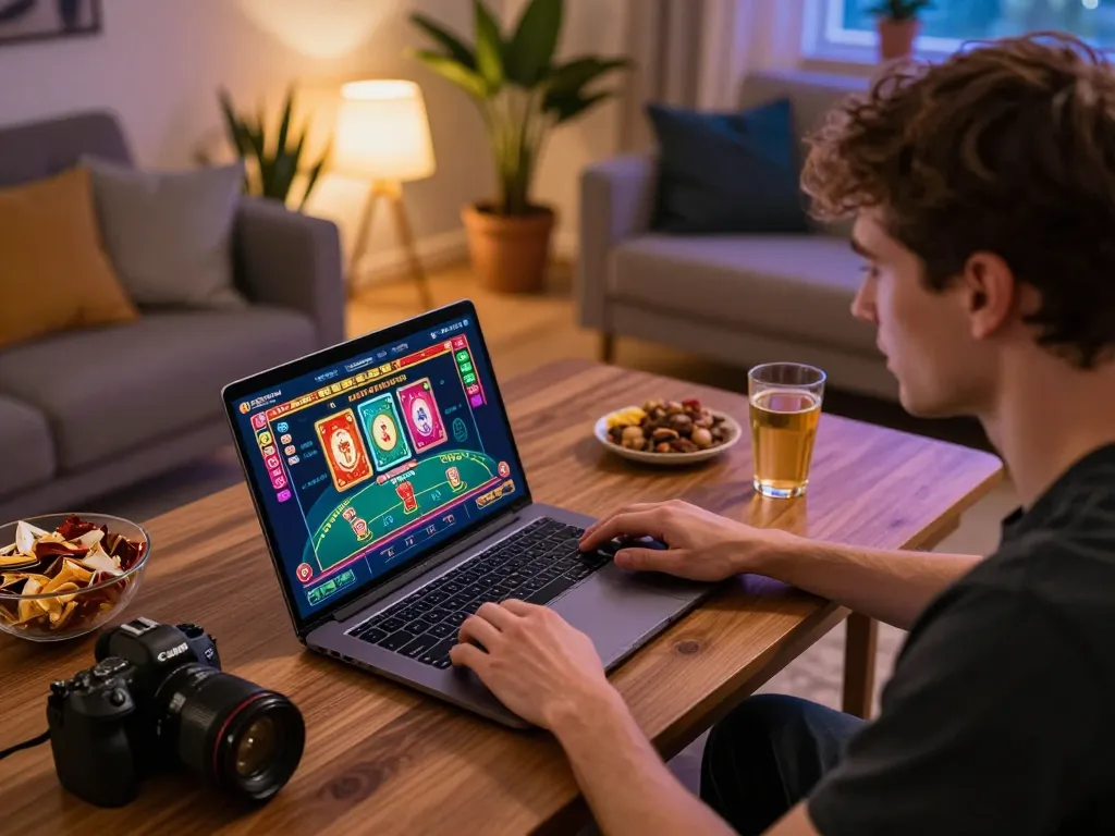 Engaging user enjoying online gaming experience on laptop with Link Jun88 in a cozy living room setting