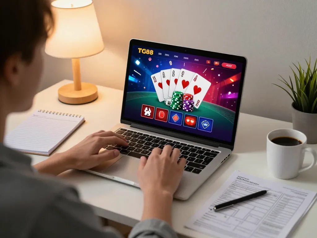 Engaging with TG88 online casino platform, vibrant poker gameplay and cozy workspace