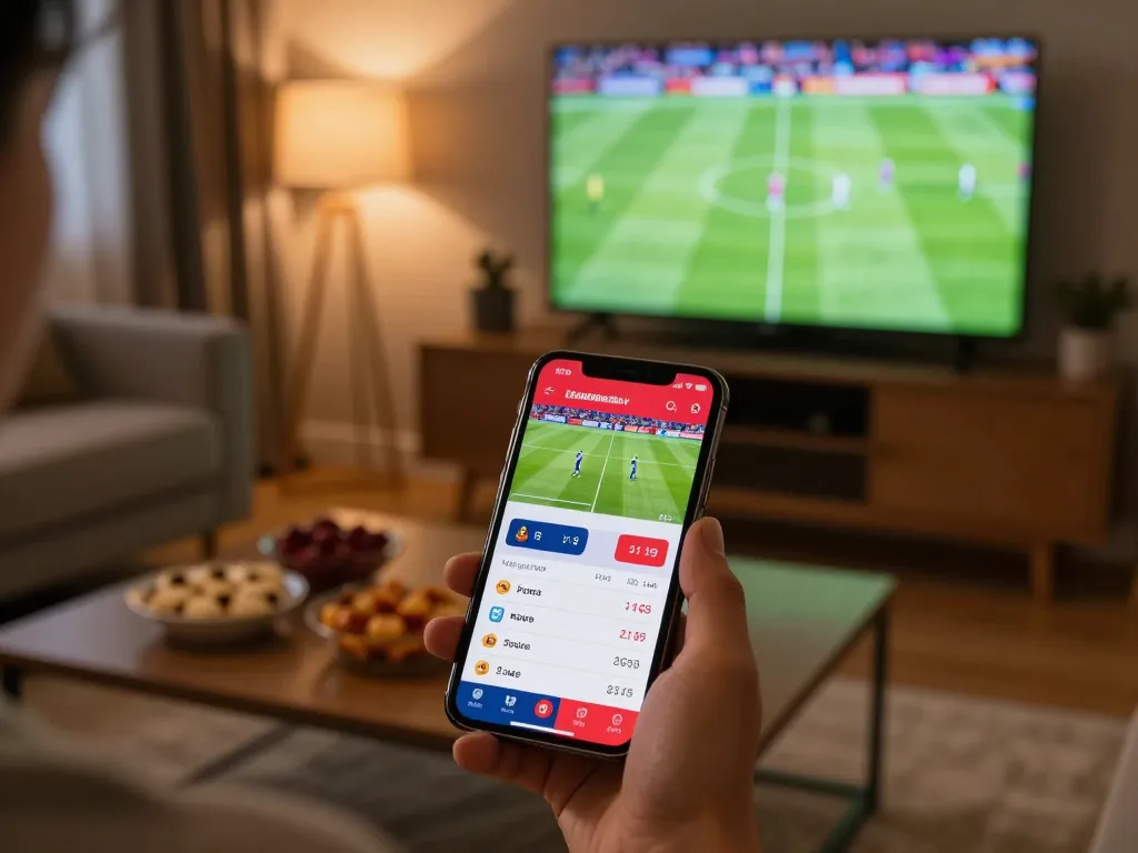 Soi kèo bóng đá on a smartphone shows live betting odds amidst an exciting home viewing experience.