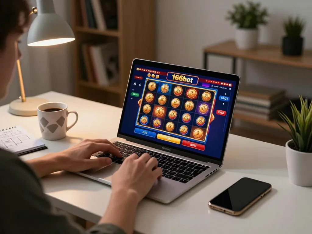 Jogador interagindo com o cassino online da 166bet, exibindo máquinas caça-níqueis vibrantes e anotações estratégicas.