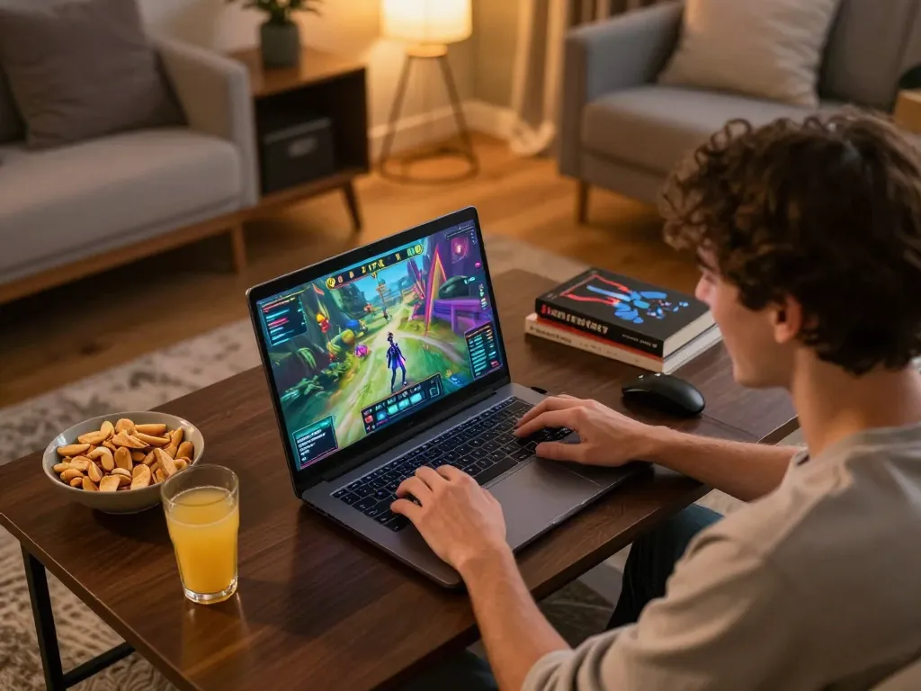 Person engaging in online casino gameplay with thabete on laptop, cozy home atmosphere highlighted.