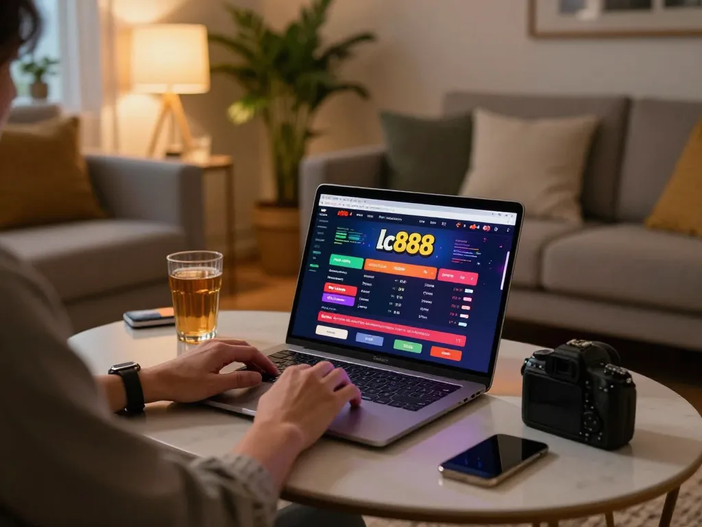 Engaging with the lc888 casino interface on a stylish coffee table in a cozy home