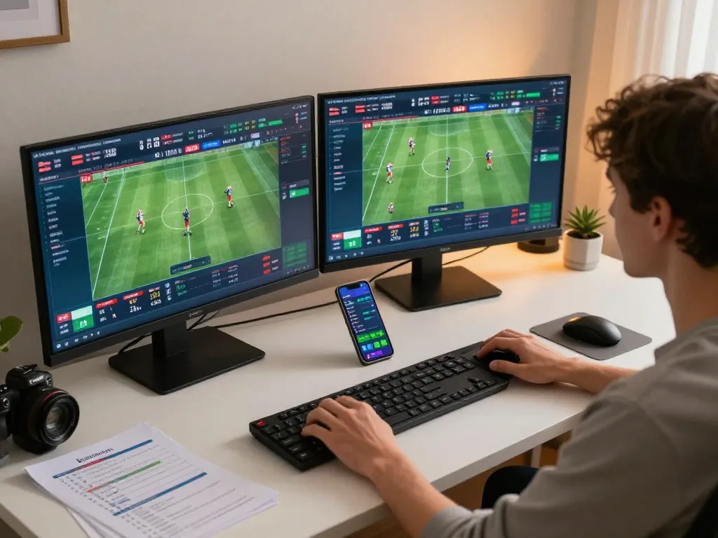 Jogador engajado usando o aplicativo 887bet para apostas esportivas ao vivo no smartphone com configuração de desktop.