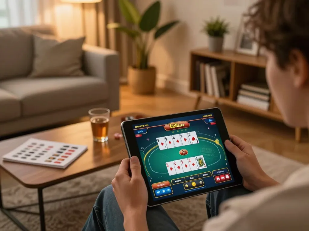 Person enjoying online gaming experience with lc88 com on a tablet in cozy home setting.