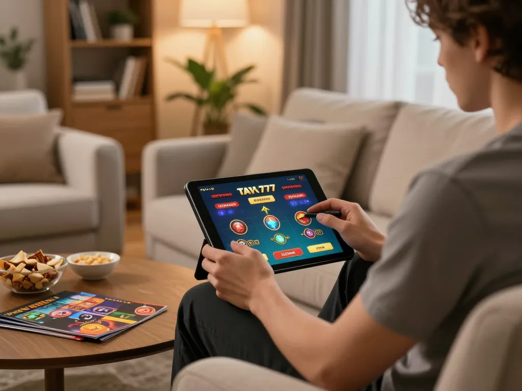 TAYA777 player engaged in online gaming at home with tablet and strategy notes
