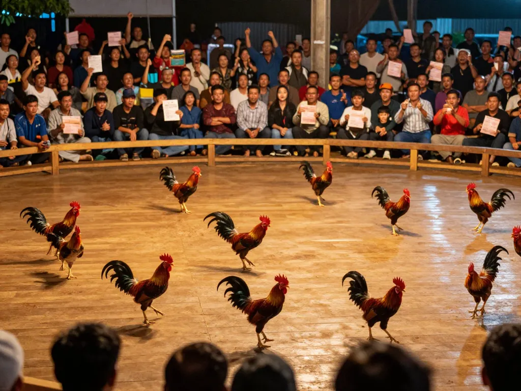 Experience the thrilling action of Đá Gà Thomo cockfighting, where roosters clash fiercely in a vibrant arena.