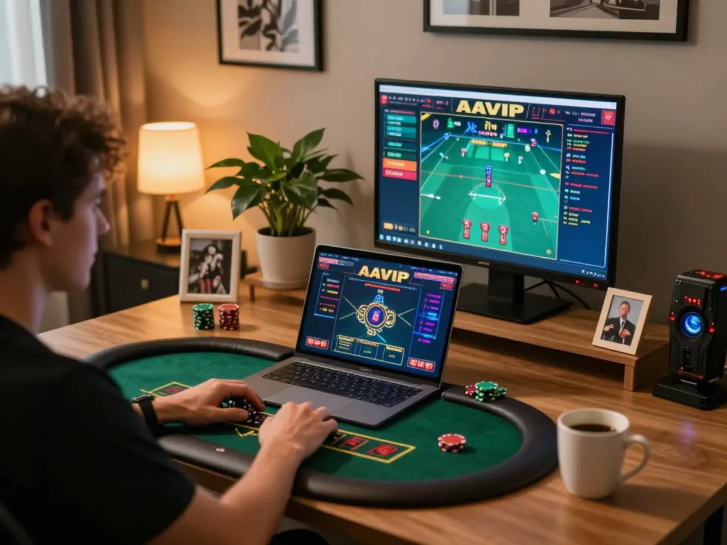 Jogador AAVIP envolvido em blackjack com dealer ao vivo em casa, refletindo um jogo online estratégico.