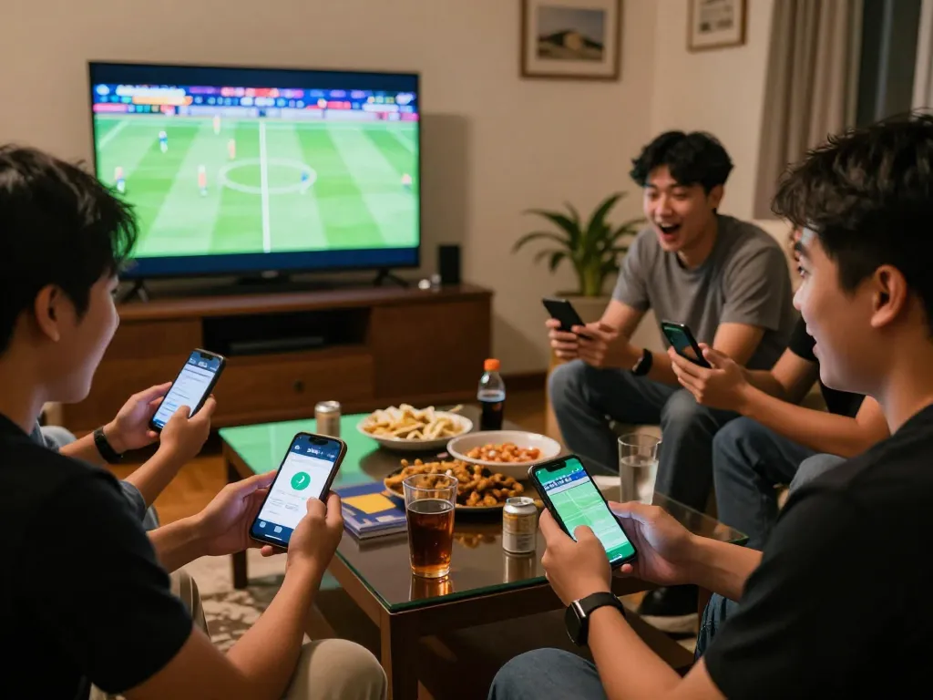 Engaging in sports betting with friends through the Jili707 app during a home gathering.