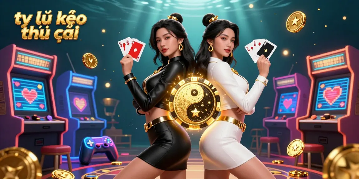 Engage in thrilling bets with tỷ lệ kèo nhà cái showcased by twin Asian women holding cards in a vibrant casino scene.