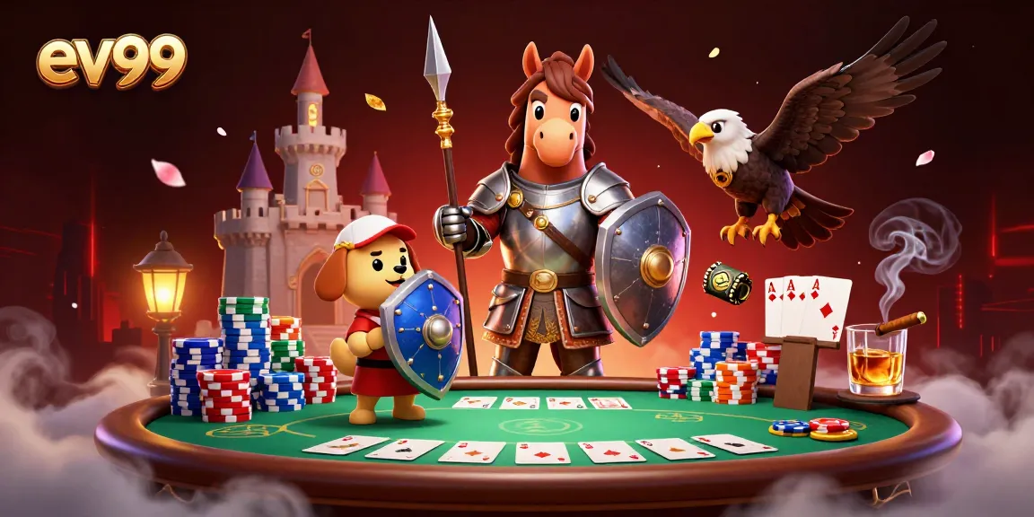 Experience thrilling gaming at ev99 with a knight, squire, and falcon amid vibrant poker elements.
