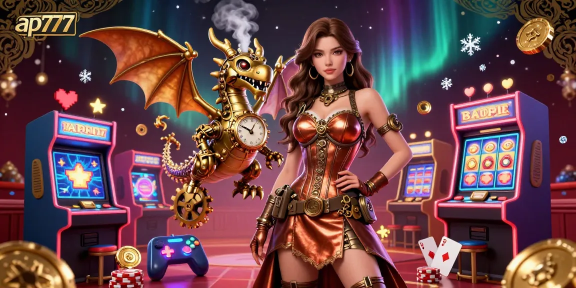 Experimente jogos emocionantes com ap777, destacando uma mulher steampunk e um dragão em meio a elementos vibrantes de cassino.