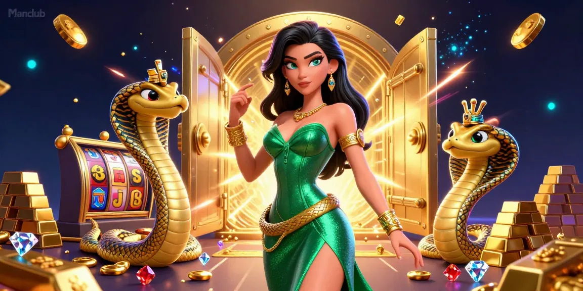 Engage with Manclub’s vibrant casino world in this dynamic illustration featuring gold treasures and enticing game elements.