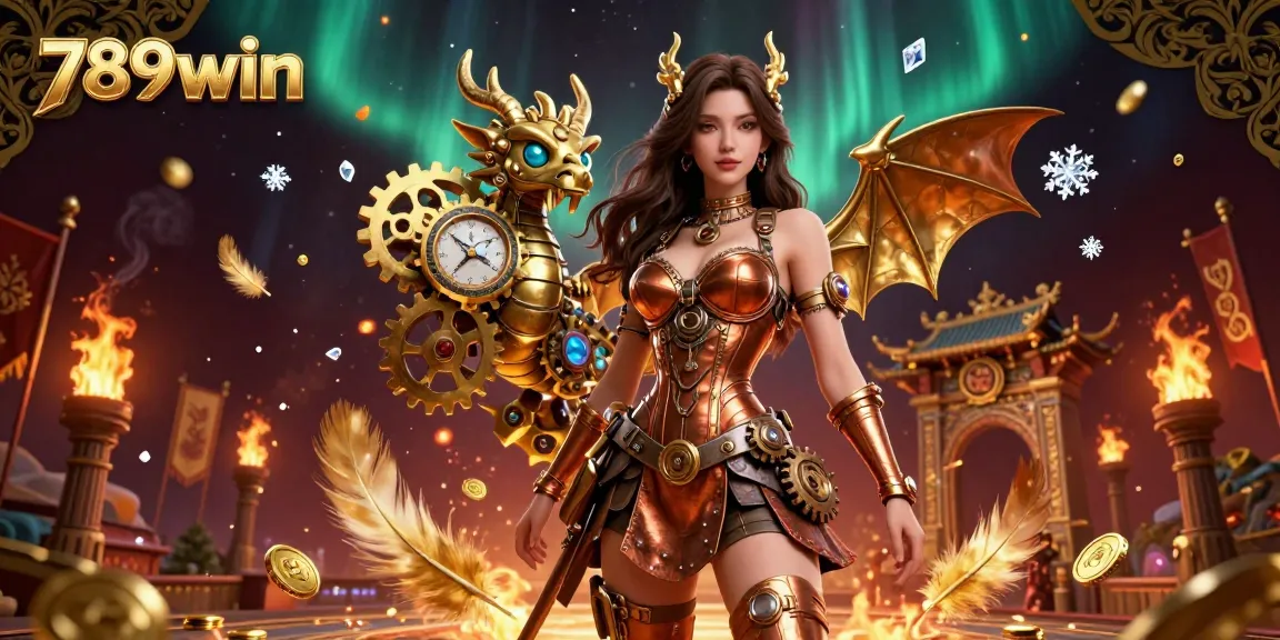 Engage with the thrilling 789win casino atmosphere featuring a steampunk woman, clockwork dragon, and vibrant gaming elements.