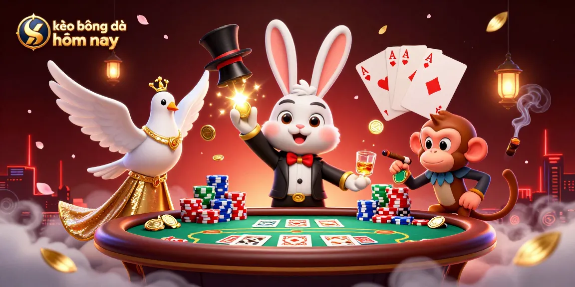 Kèo bóng đá hôm nay captures a lively scene with a magician rabbit pulling golden coins, surrounded by a poker table's vibrant action.