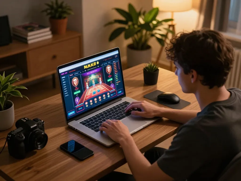 Player engages with MK8 casino interface, showcasing online gaming at home with focus and strategy.