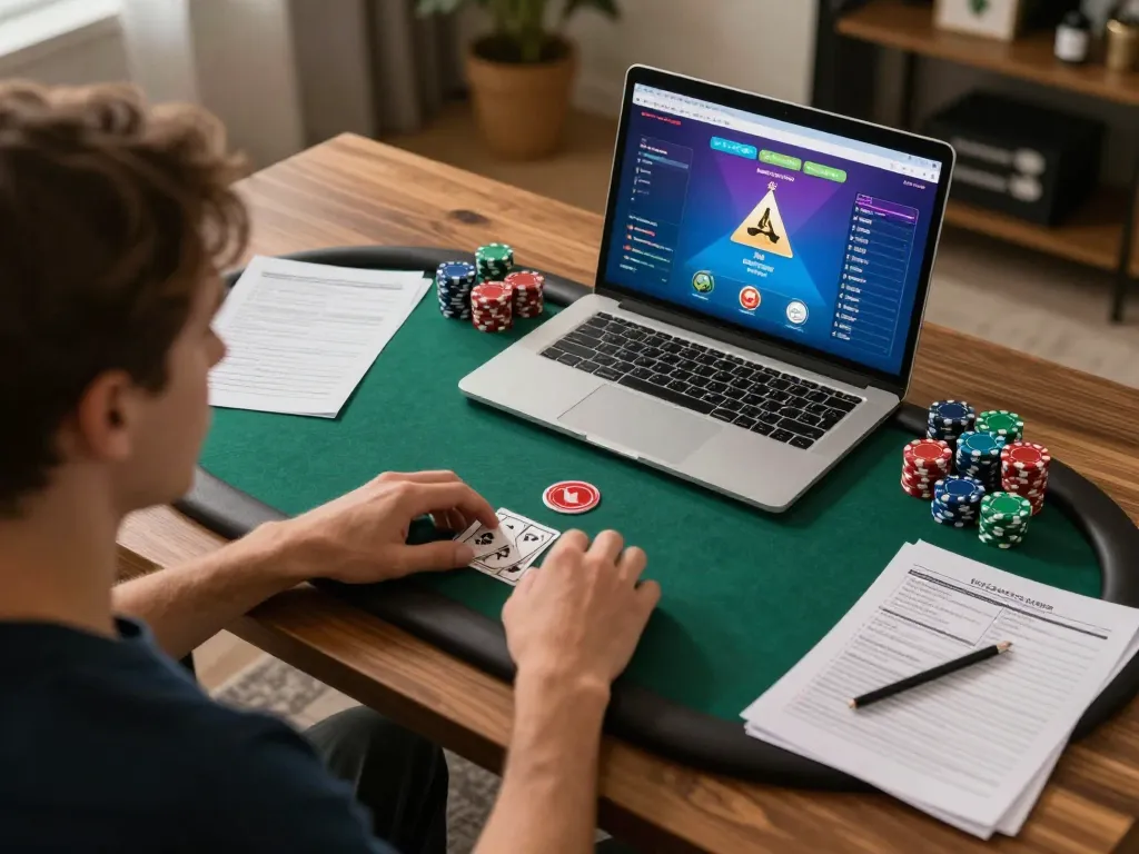 Online player actively engaging in 99ok poker game strategy with laptop and chips in cozy home setting.