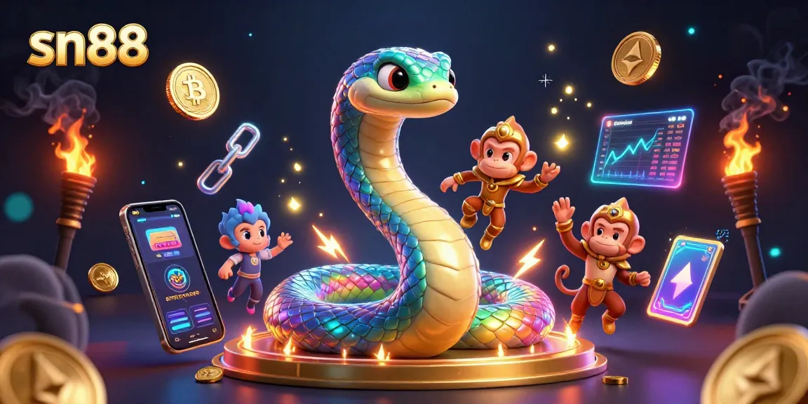 Engage with the sn88 gaming universe featuring a magical colorful serpent and monkey king in a vibrant casino scene.