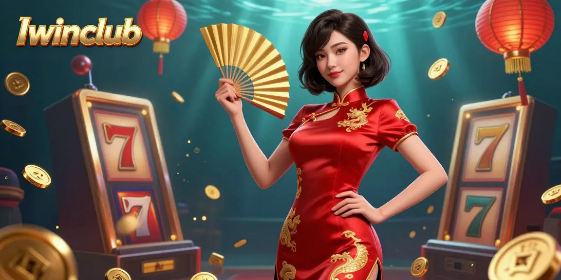Iwinclub showcases an engaging scene filled with vibrant slot elements and a confident woman in a qipao.