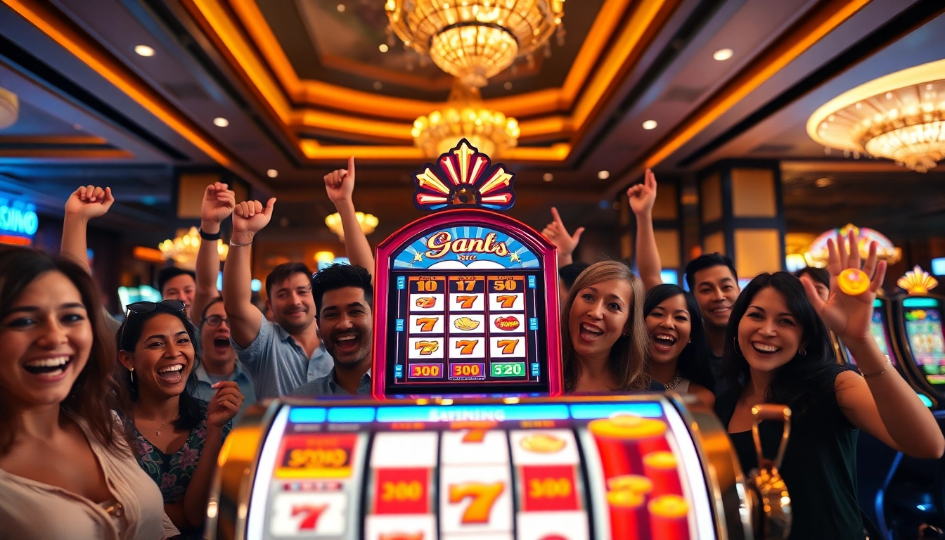 Slot gacor menampilkan mesin slot yang ramai dengan pemain yang merayakan kemenangan mereka.
