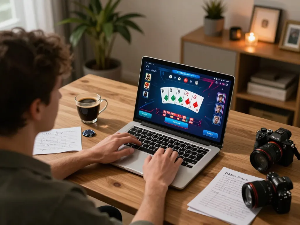 Engaging in an online poker game at ONE88 with a stylish home setup, showing strategy notes and laptop.
