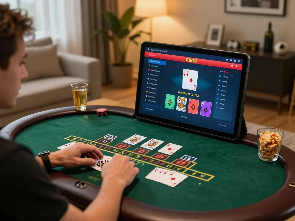 Engaging in strategic gameplay on king33 with live dealer blackjack from a cozy home setup.